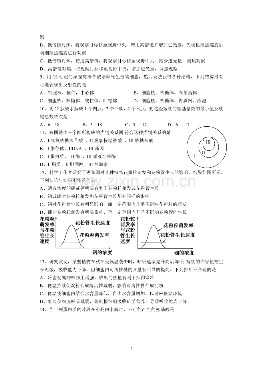 高三生物一轮复习必修一(1-4章)月考试题(有答案).doc_第2页