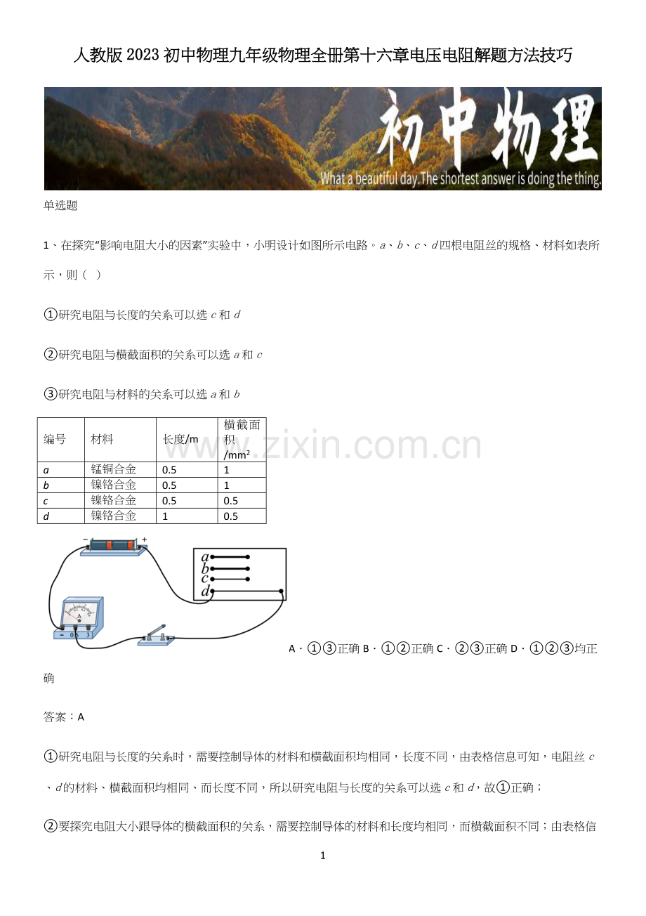 人教版2023初中物理九年级物理全册第十六章电压电阻解题方法技巧.docx_第1页