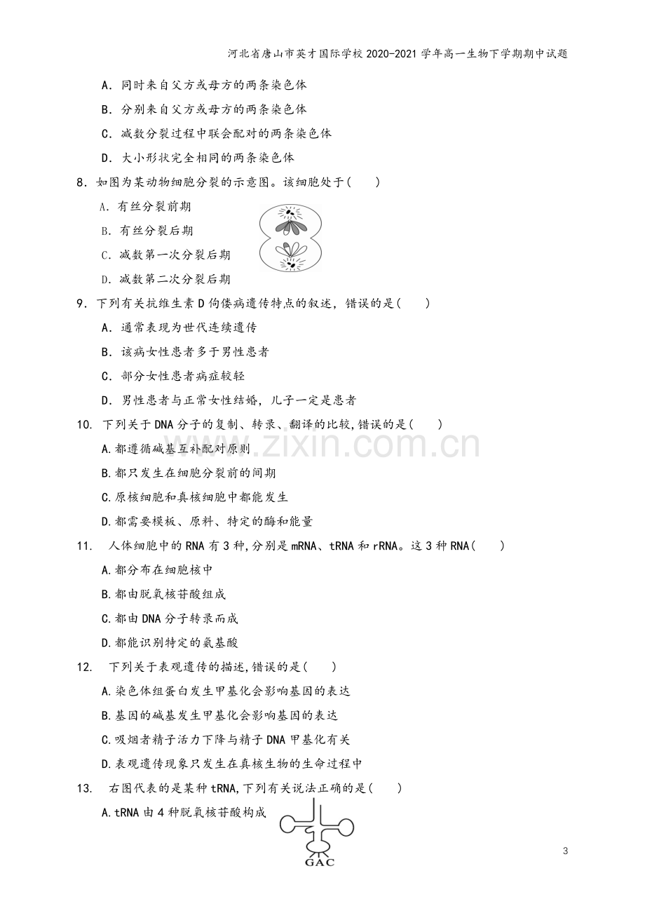 河北省唐山市英才国际学校2020-2021学年高一生物下学期期中试题.doc_第3页