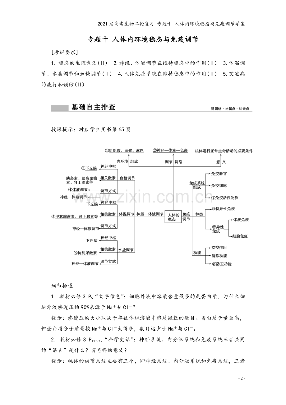 2021届高考生物二轮复习-专题十-人体内环境稳态与免疫调节学案.doc_第2页