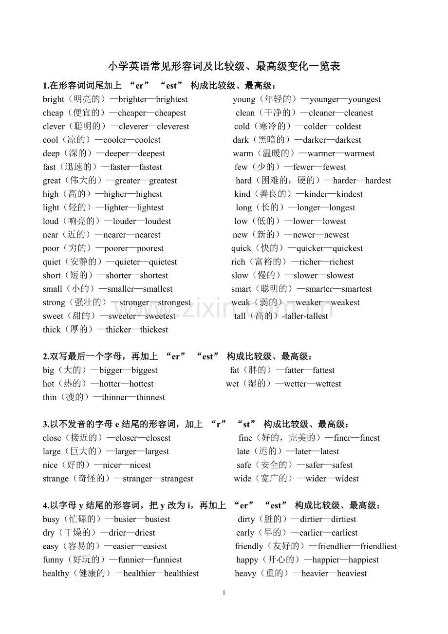 小学英语常见形容词及比较级、最高级变化一览表.doc_第1页