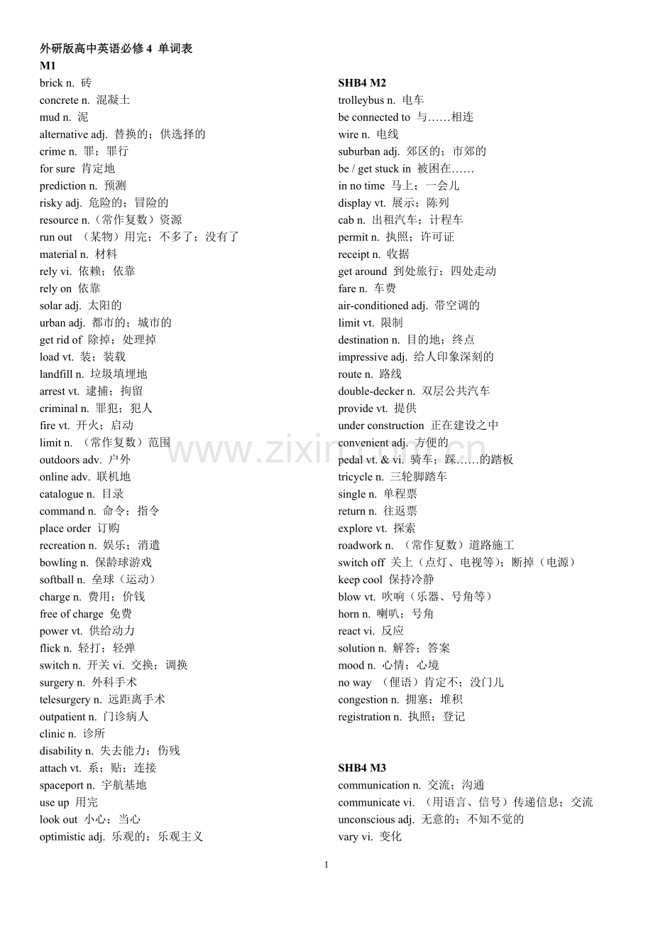 外研版高中英语必修4-单词表.doc_第1页