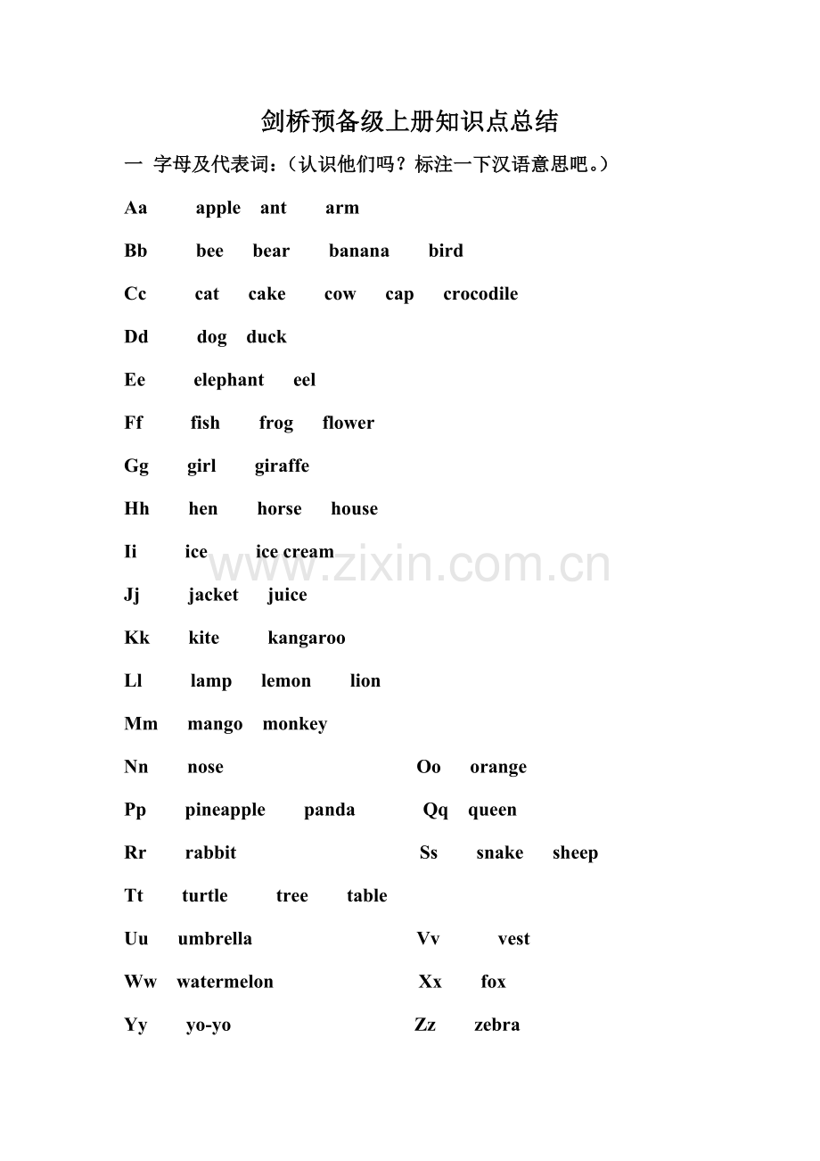 剑桥少儿英语预备级上册知识点总结.doc_第1页