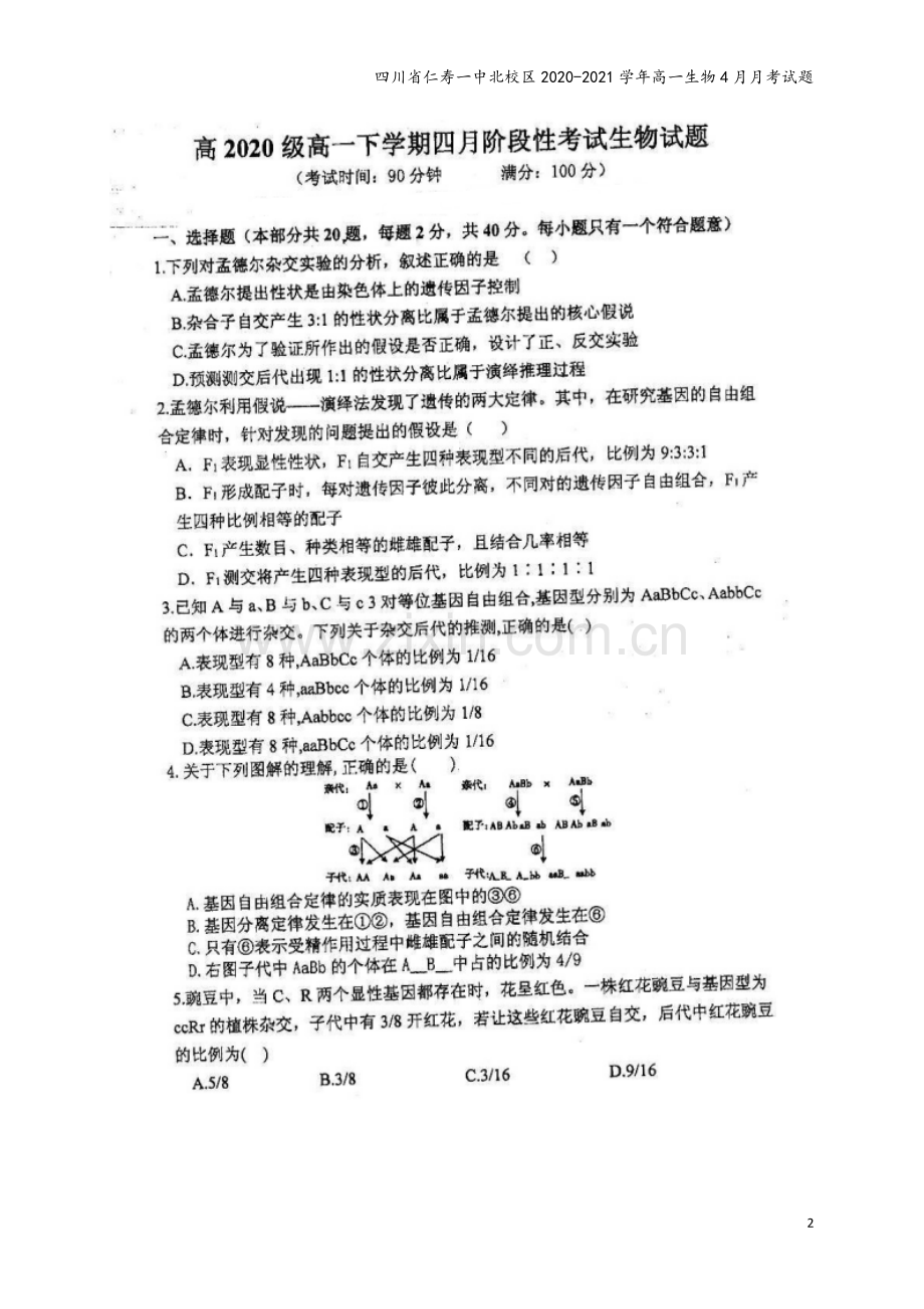 四川省仁寿一中北校区2020-2021学年高一生物4月月考试题.doc_第2页