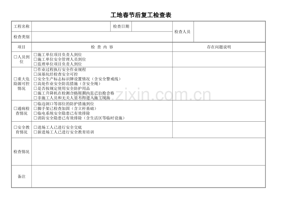 节后安全、复工检查表.doc_第1页