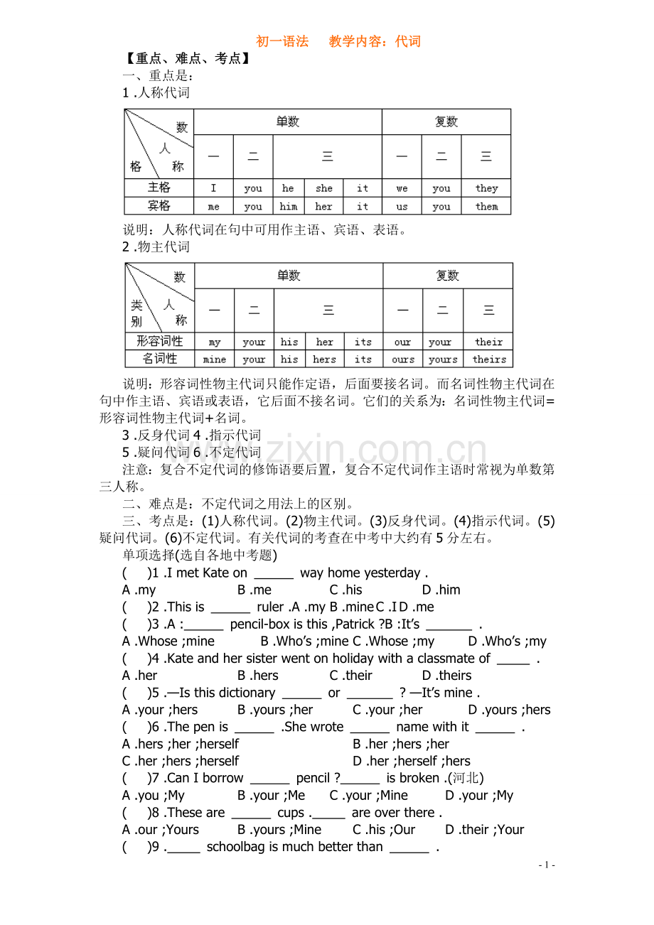 初一英语--代词讲解与练习.doc_第1页