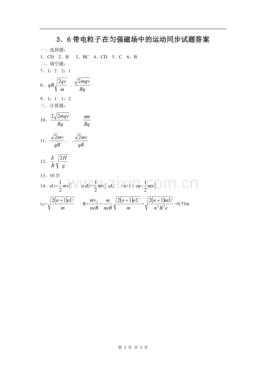 物理：新人教版选修3-1-3.6带电粒子在匀强磁场中的运动(同步练习).doc_第3页