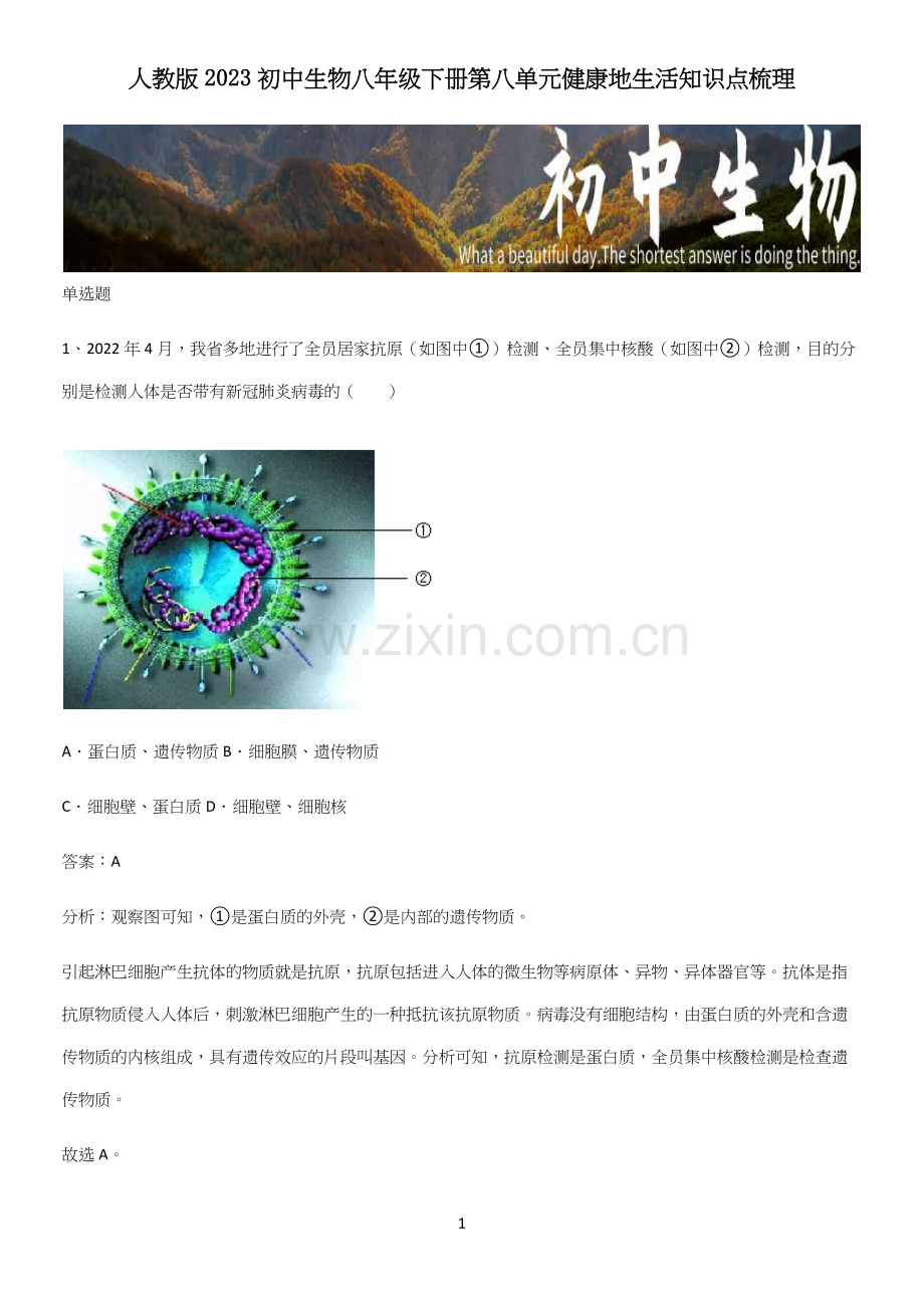 人教版2023初中生物八年级下册第八单元健康地生活知识点梳理.docx_第1页