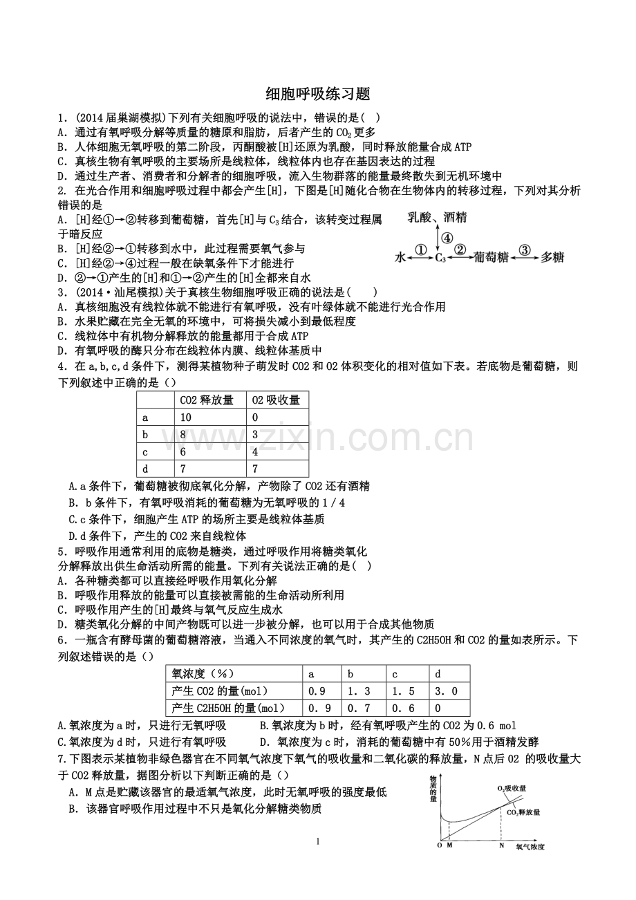 高三一轮复习--细胞呼吸习题及答案.doc_第1页