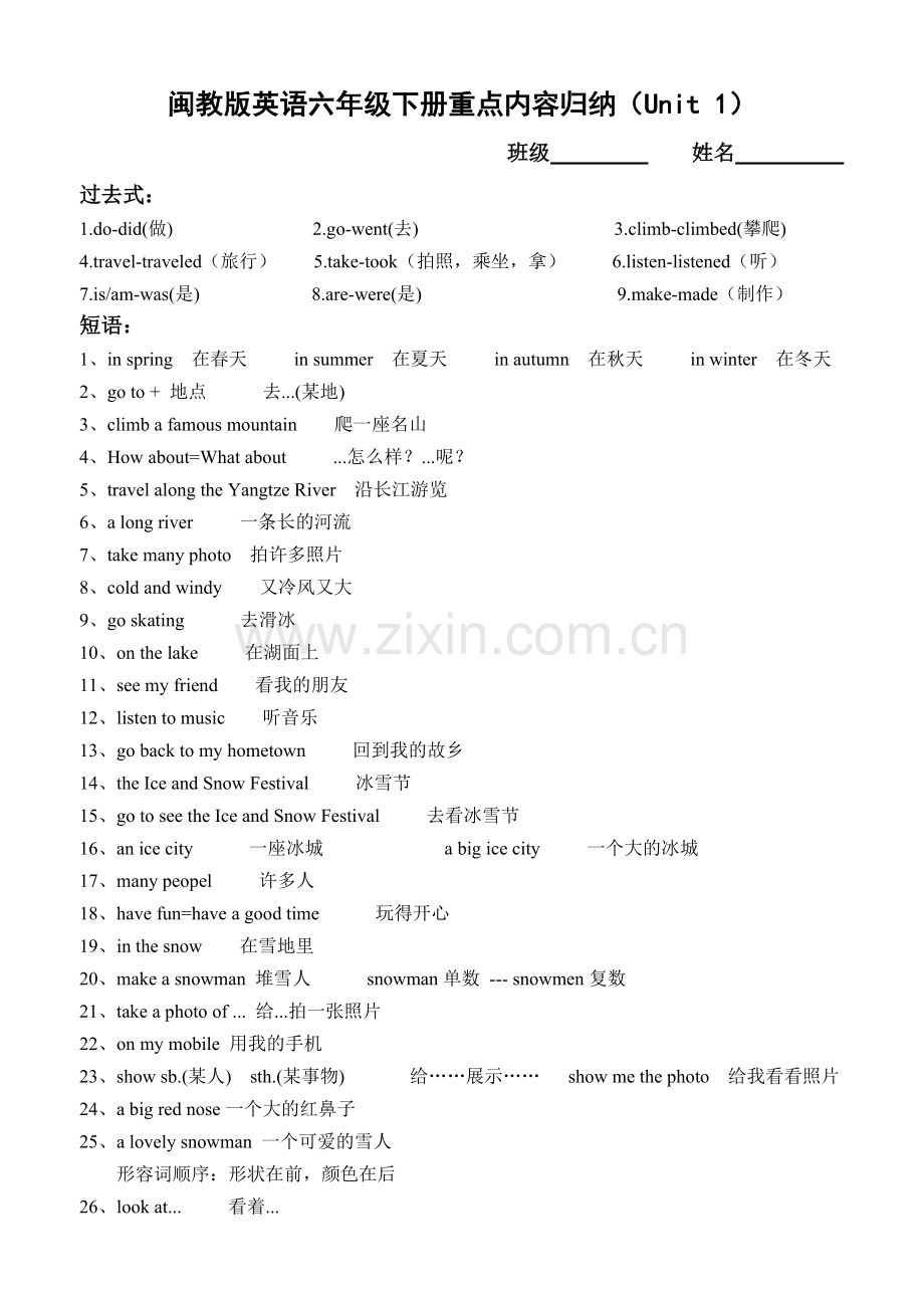 新闽教版英语六年级下册重点内容归纳unit1.doc_第1页