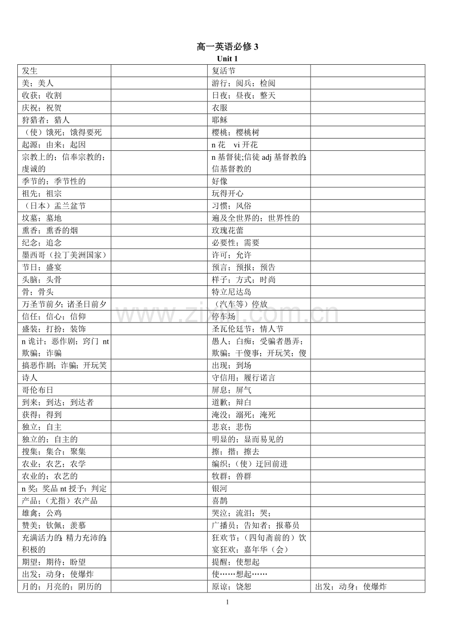 人教英语必修3单词默写表.doc_第1页