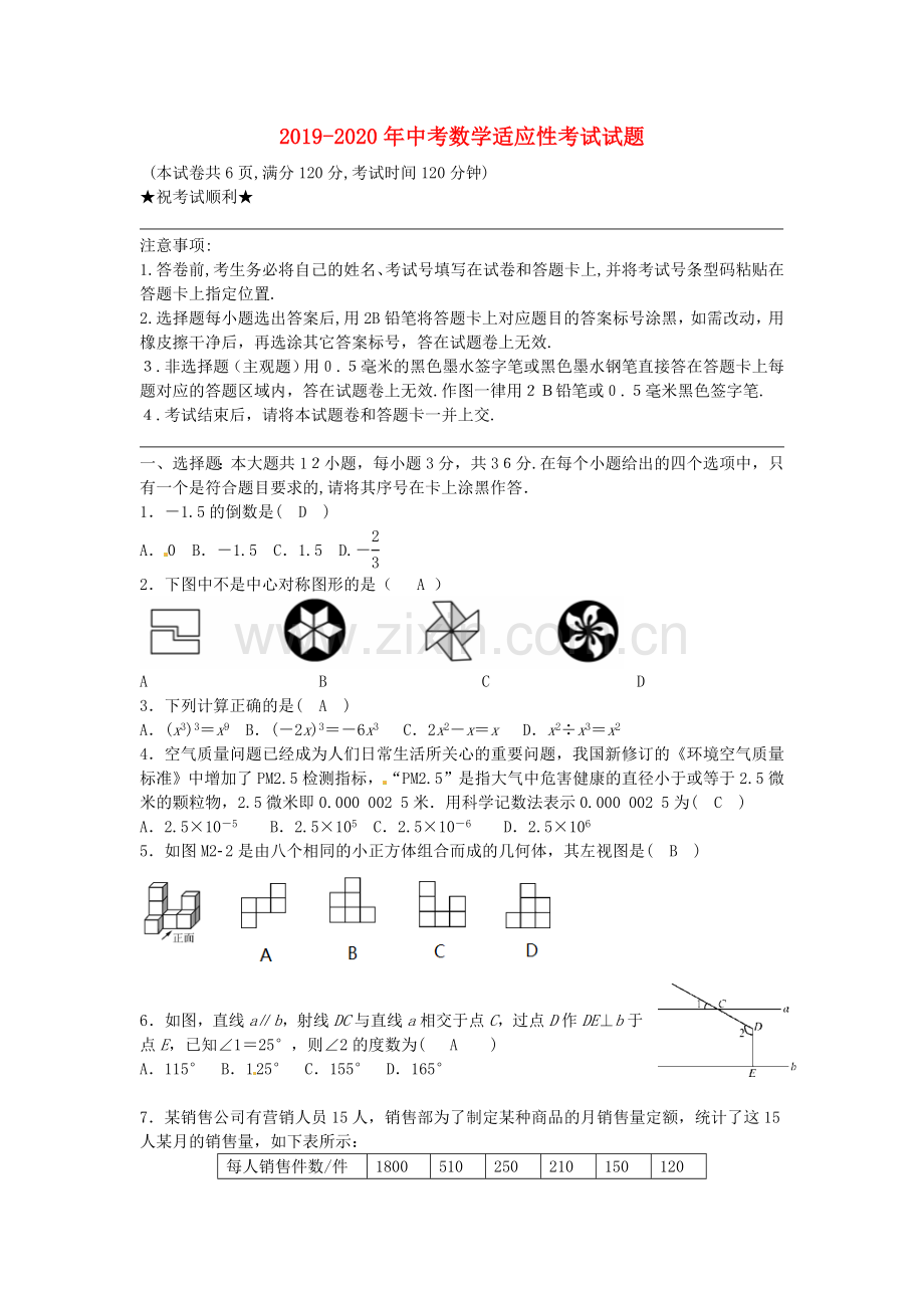 2019-2020年中考数学适应性考试试题.doc_第1页