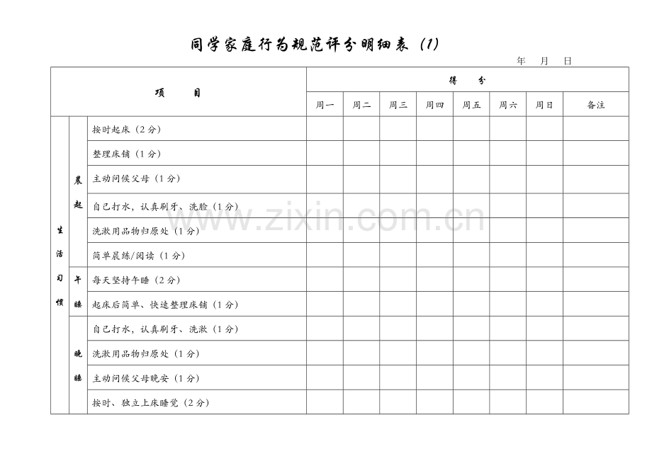 小学生家庭行为规范评分明细表.doc_第1页