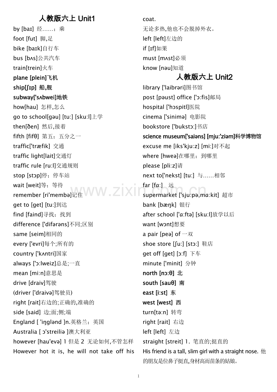 人教版小学六年级上册单元词汇表(带音标).doc_第1页