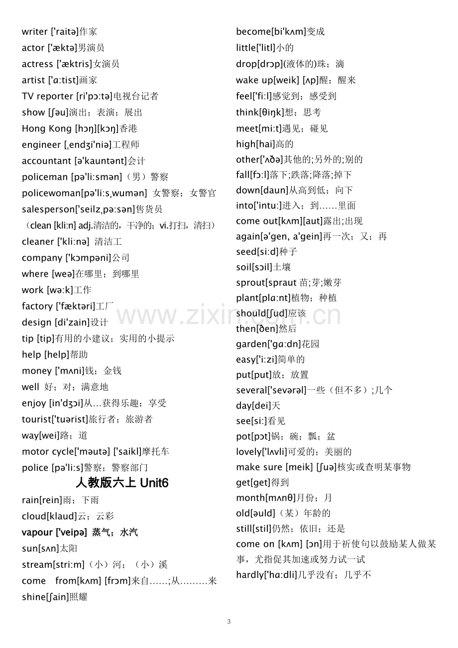 人教版小学六年级上册单元词汇表(带音标).doc_第3页