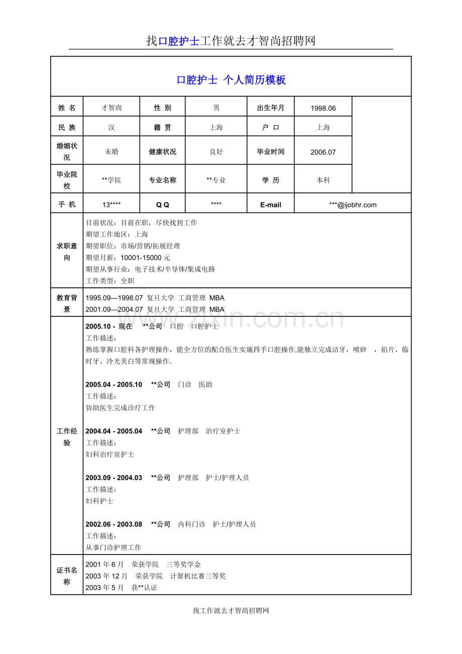 口腔护士个人简历模板.doc_第1页