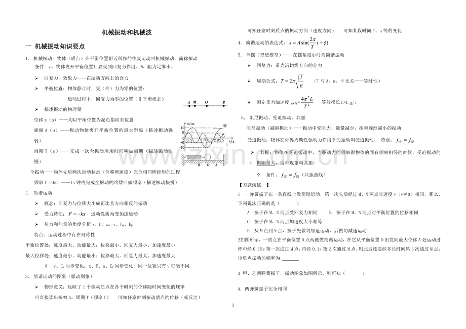 机械振动和机械波知识点复习及练习.doc_第1页