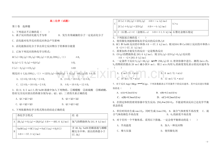 人教版高二化学选修4期末复习题.doc_第1页