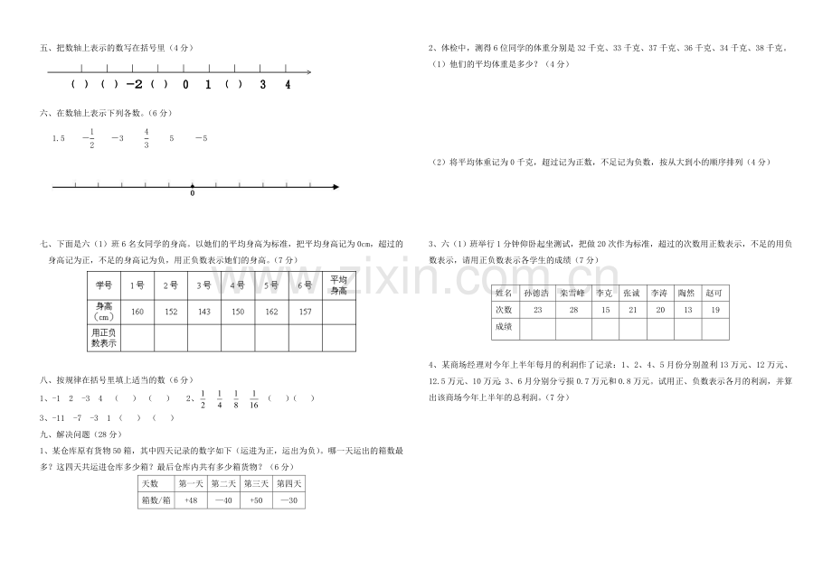 新人教版六年级数学下册第一单元负数测试题(2).doc_第2页