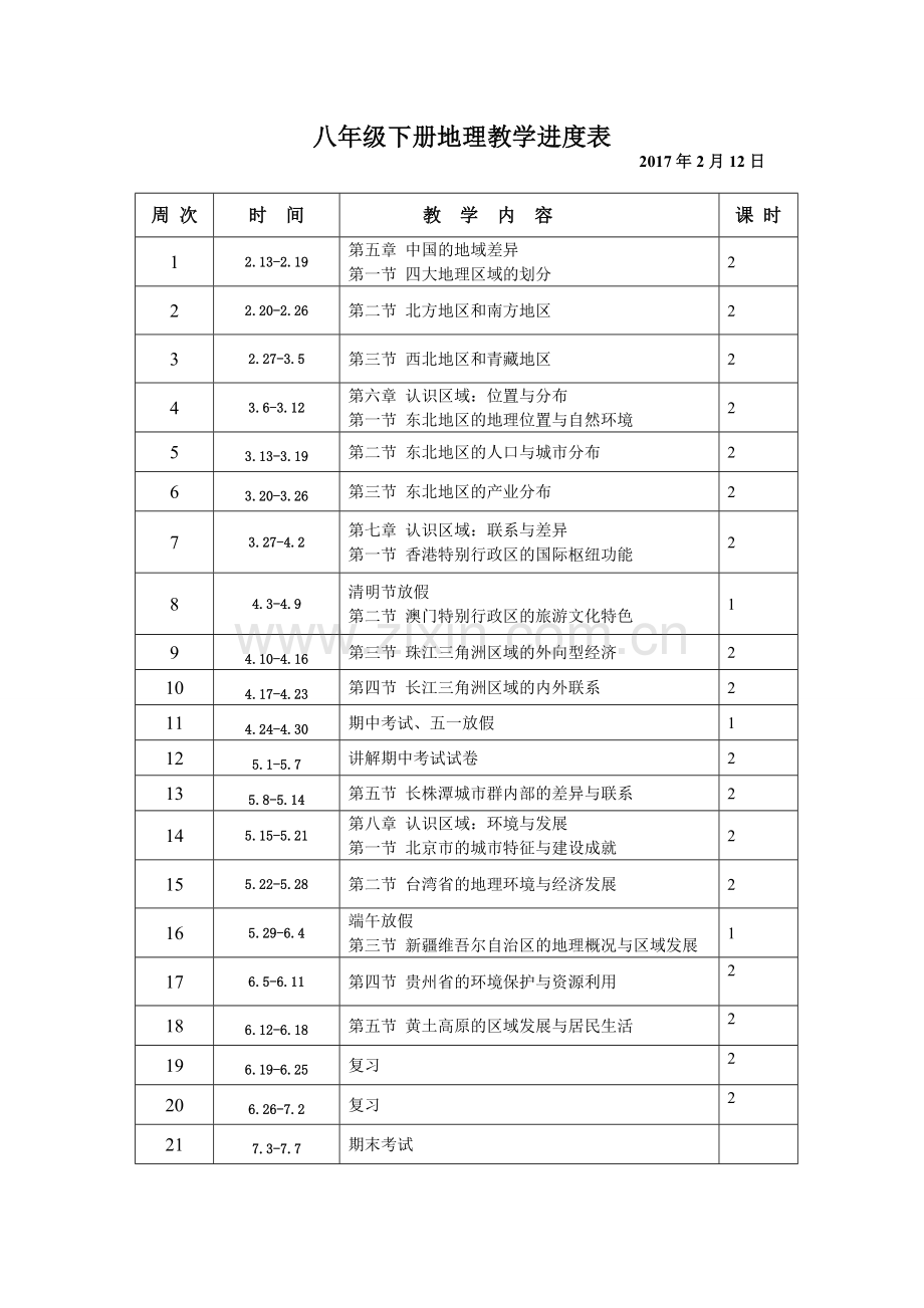 2017年湘教版八年级地理下册教学工作计划及教学进度表.doc_第2页