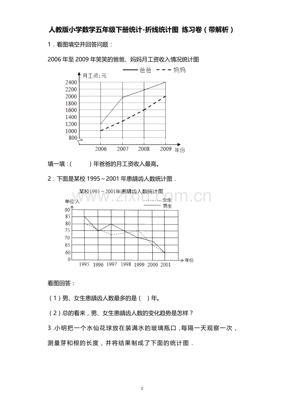 人教版小学数学五年级下册统计-折线统计图练习卷(带解析).doc_第1页