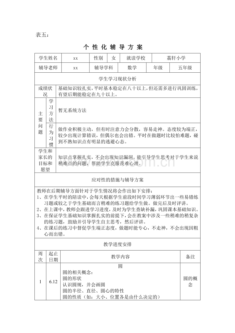 五年级数学个性化辅导方案.doc_第1页