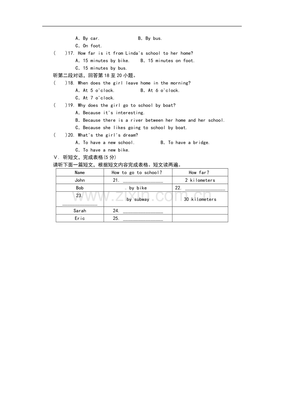 人教版七年级英语下册Unit3Howdoyougettoschool单元测试题.doc_第2页