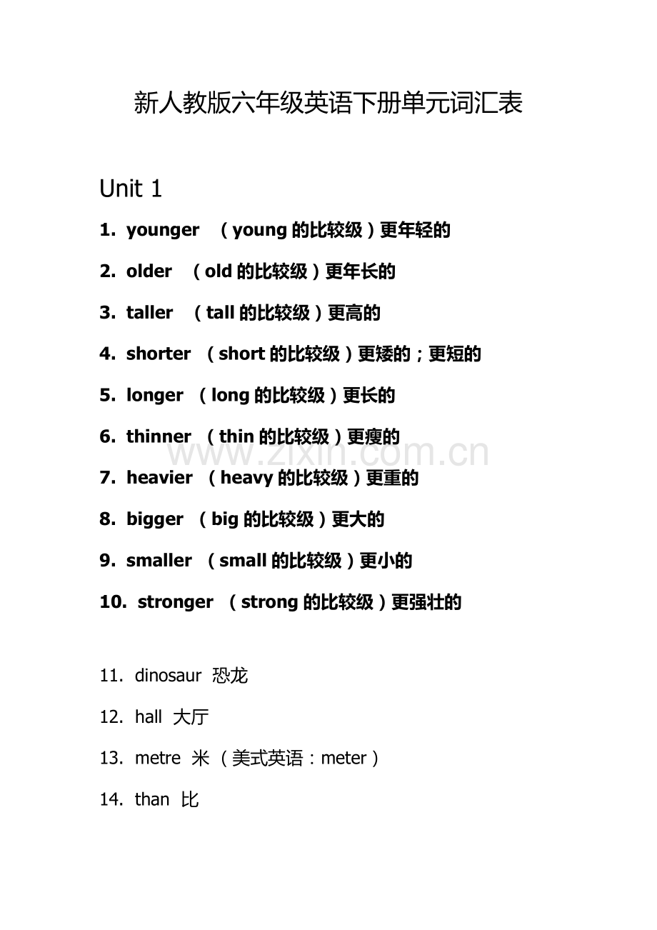 新人教版六年级英语下册单元词汇表.doc_第1页