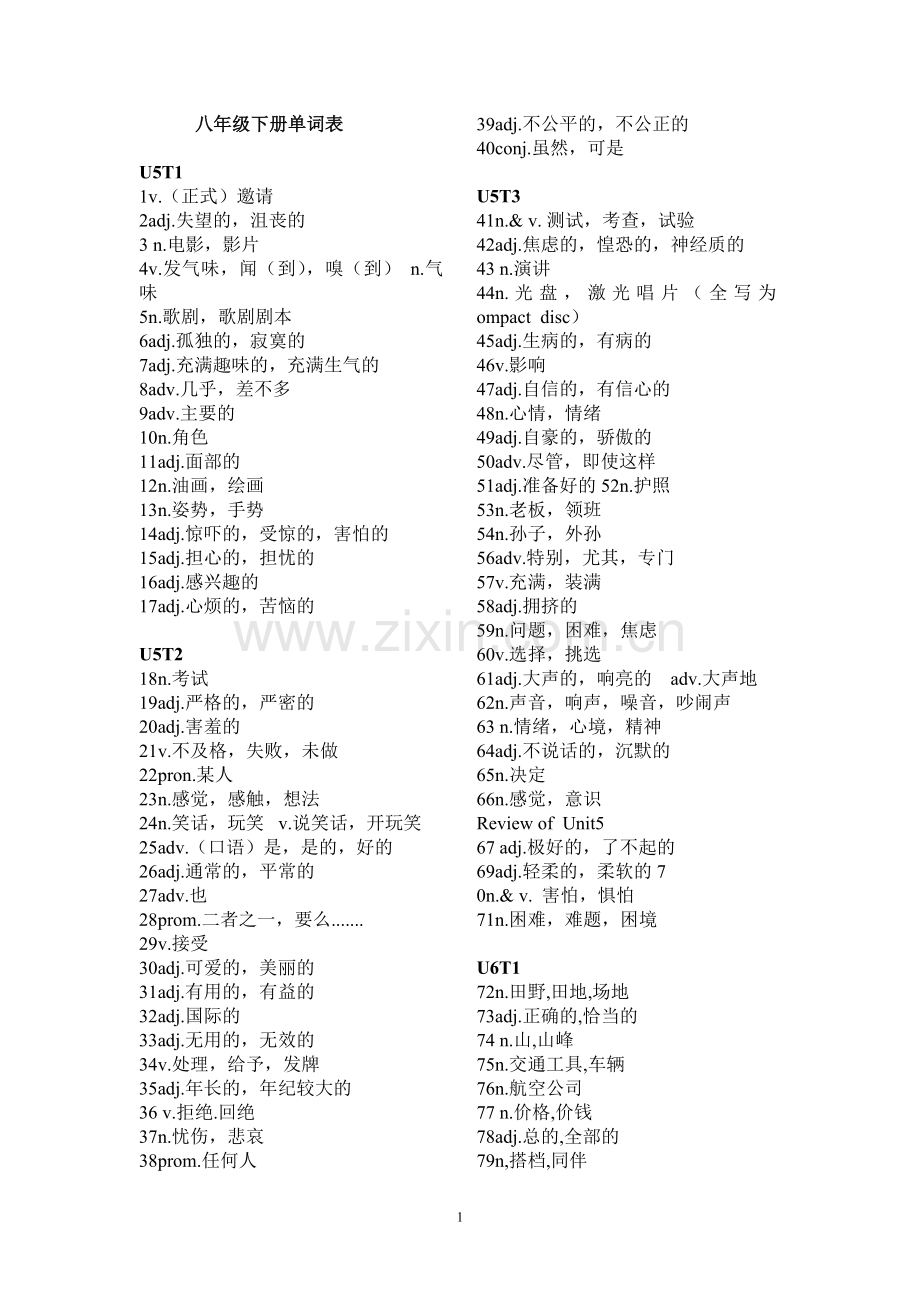 仁爱版八年级下册Unit5--Unit8英语单词表默写版(中文)(1).doc_第1页