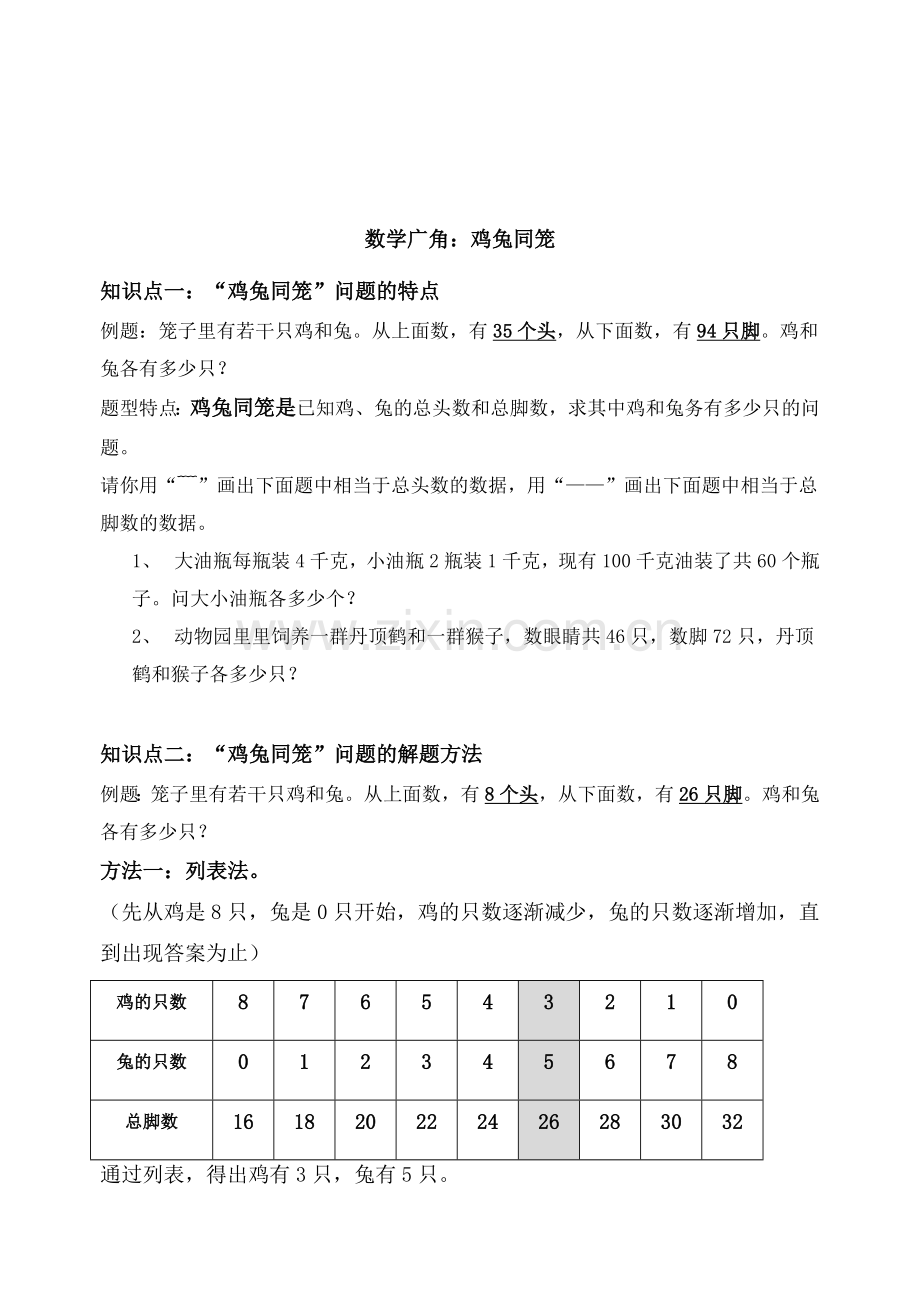 人教版六年级上数学广角—鸡兔同笼问题的解决方法.doc_第1页