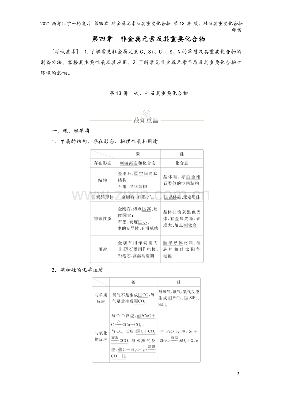 2021高考化学一轮复习-第四章-非金属元素及其重要化合物-第13讲-碳、硅及其重要化合物学案.doc_第2页