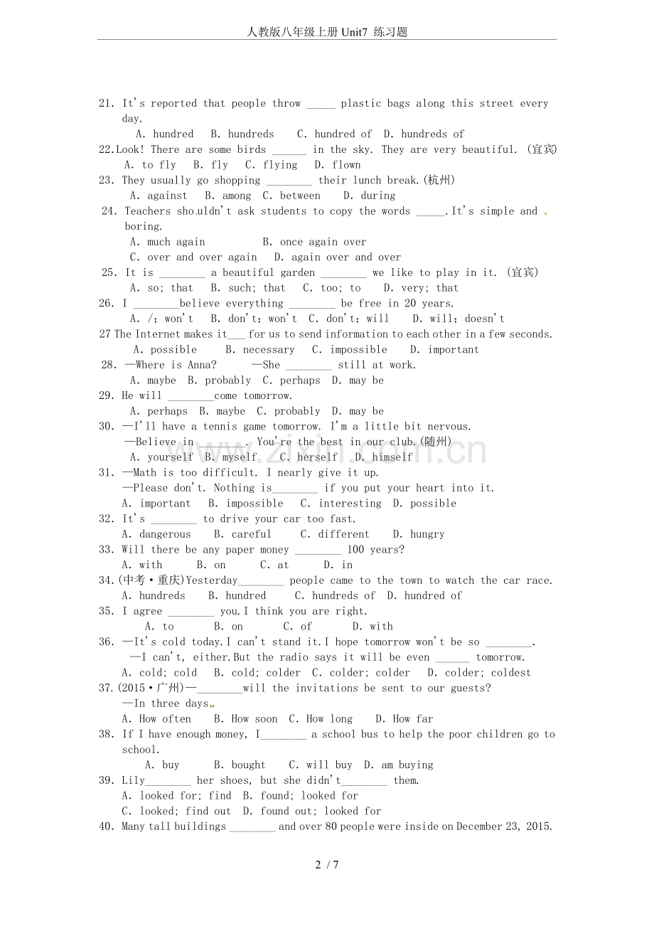 人教版八年级上册Unit7练习题.doc_第2页