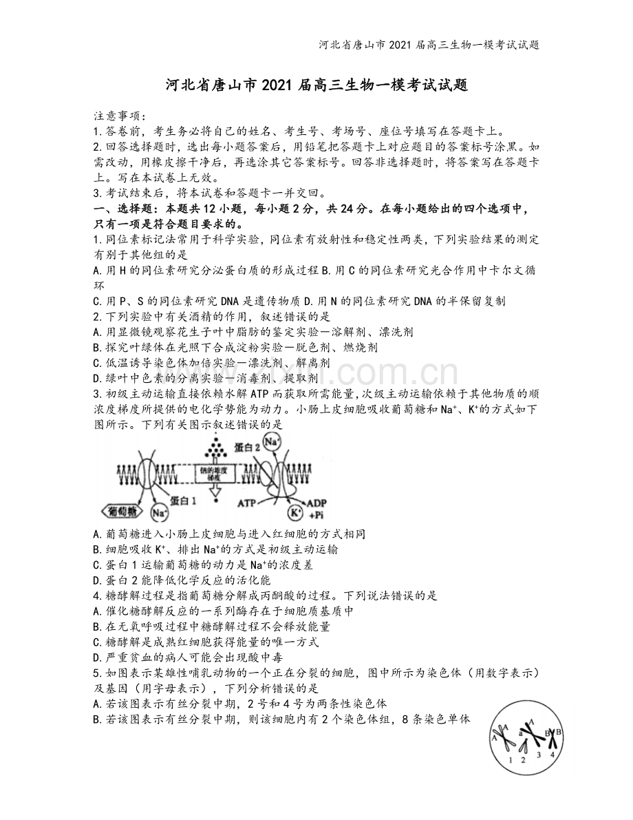 河北省唐山市2021届高三生物一模考试试题.doc_第2页