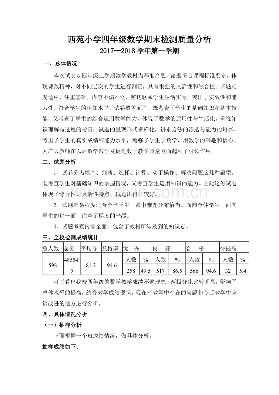 -人教版小学四年级上学期数学期末试卷分析.doc_第1页