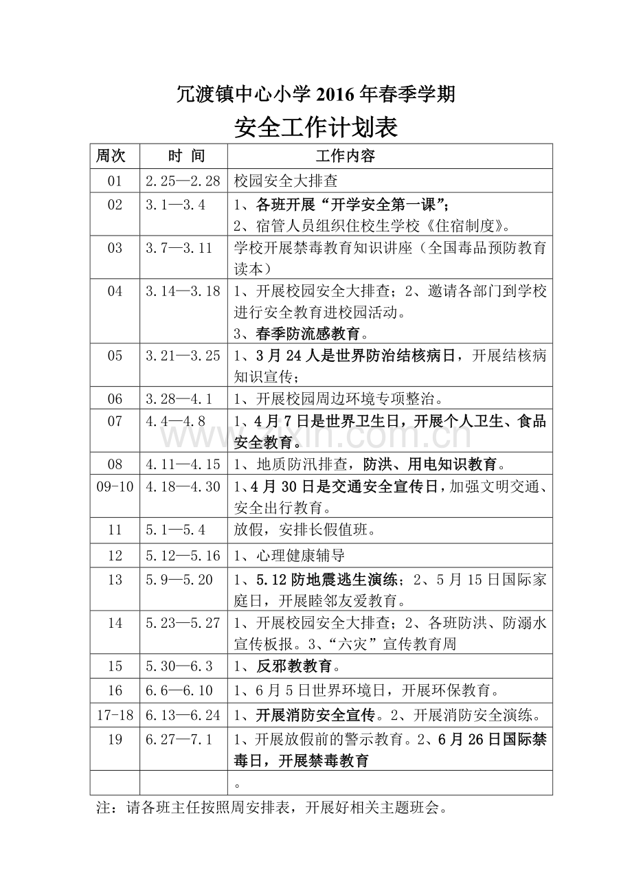 冗渡镇中心小学2016年秋季学期安全工作周安排表.doc_第1页