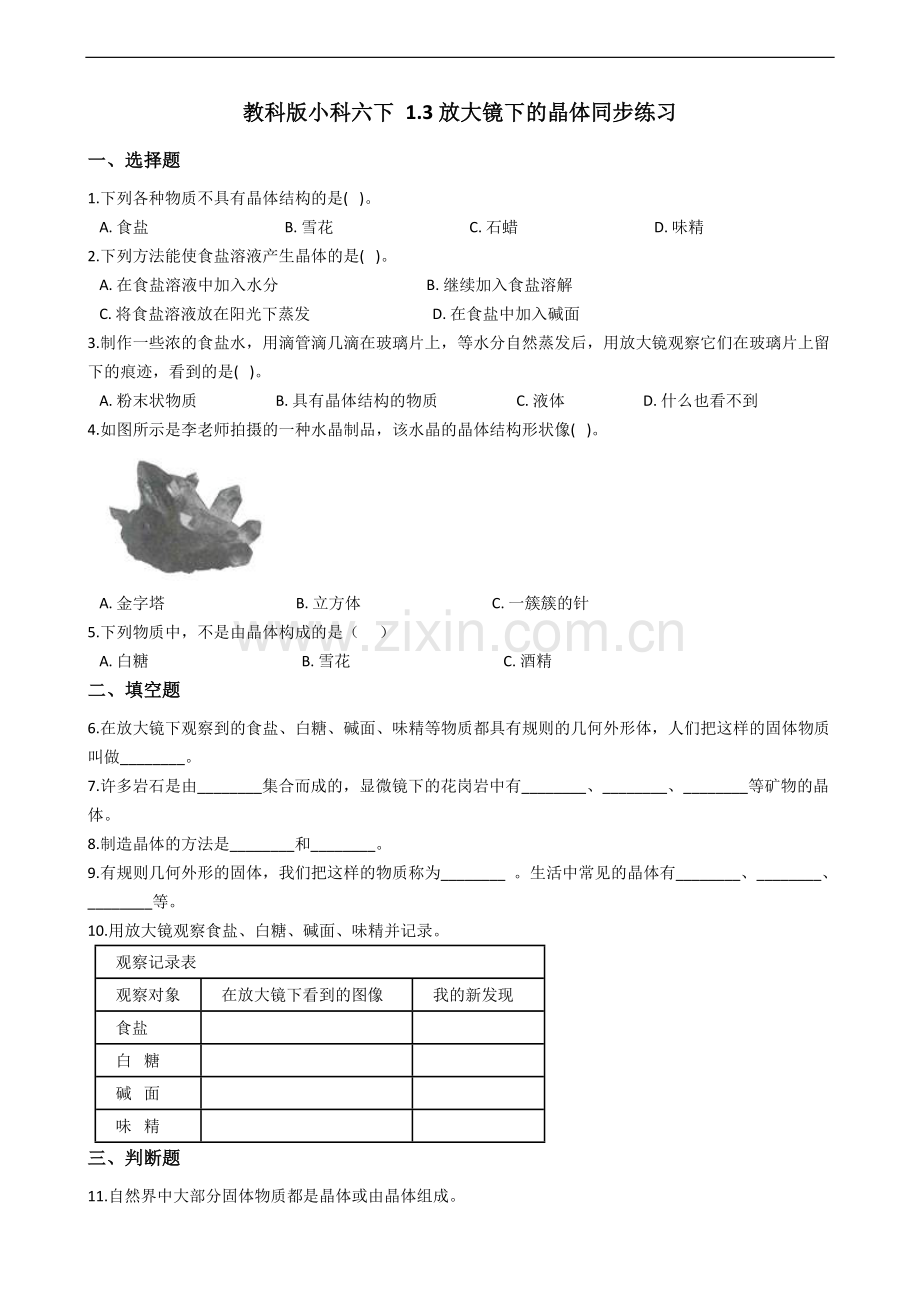 教科版小科六下1.3放大镜下的晶体同步练习(含答案解析).doc_第1页