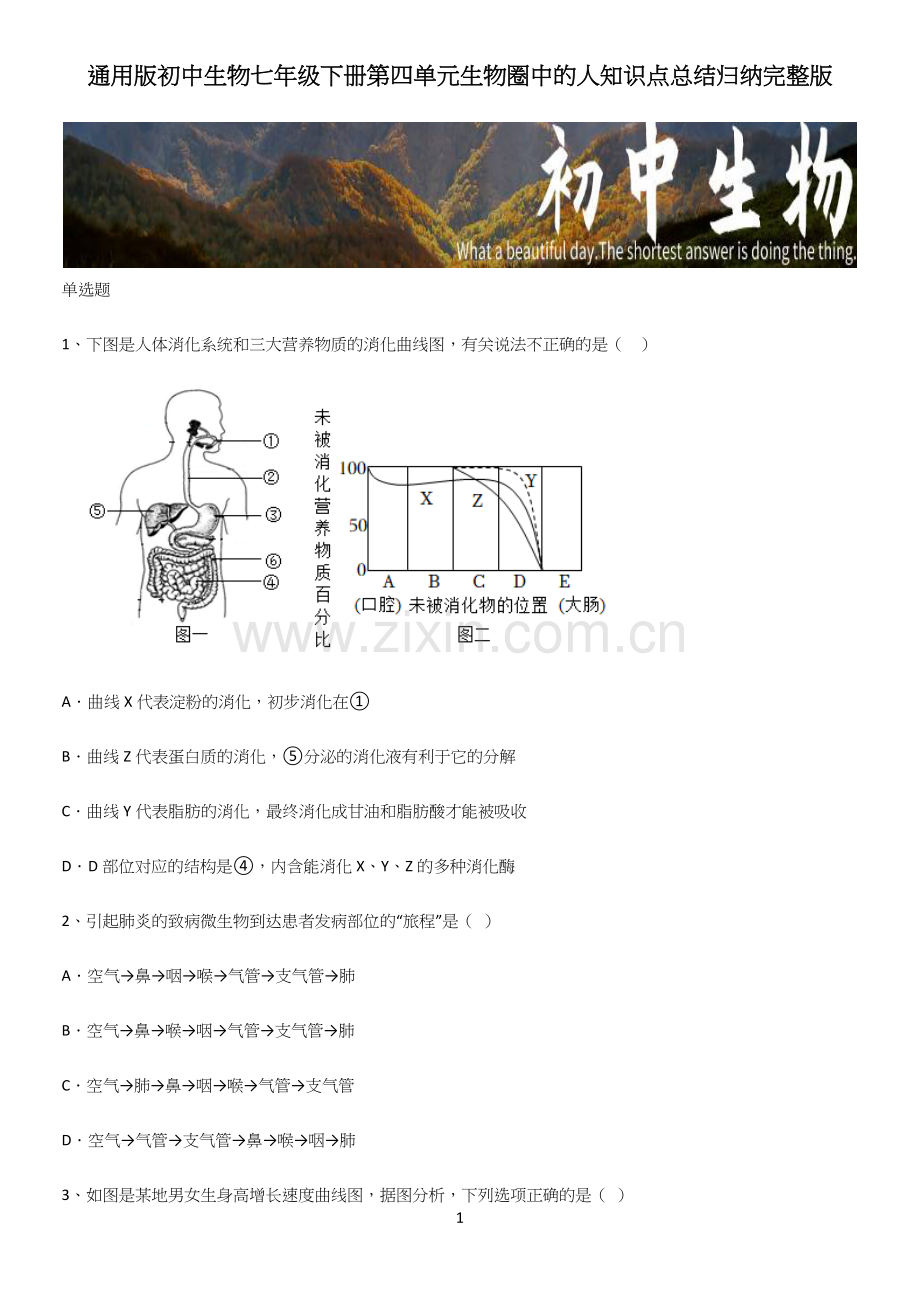 通用版初中生物七年级下册第四单元生物圈中的人知识点总结归纳.docx_第1页