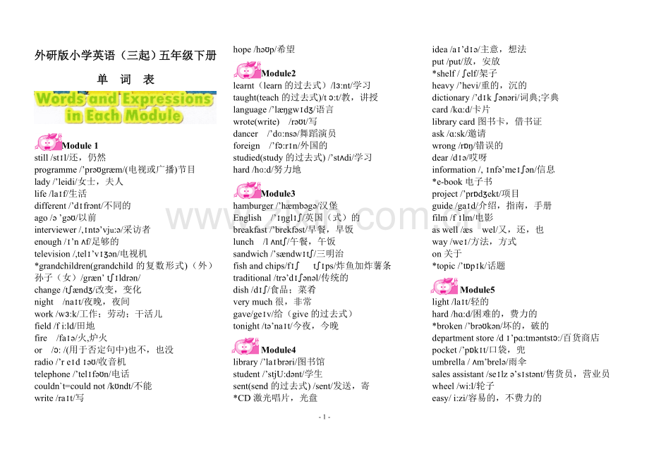 外研版小学英语(三起)五年级下册单词表(含音标).doc_第1页