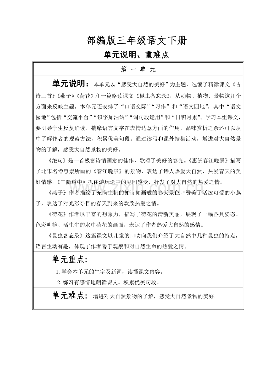 部编版三年级语文下单元说明、重难点.doc_第1页