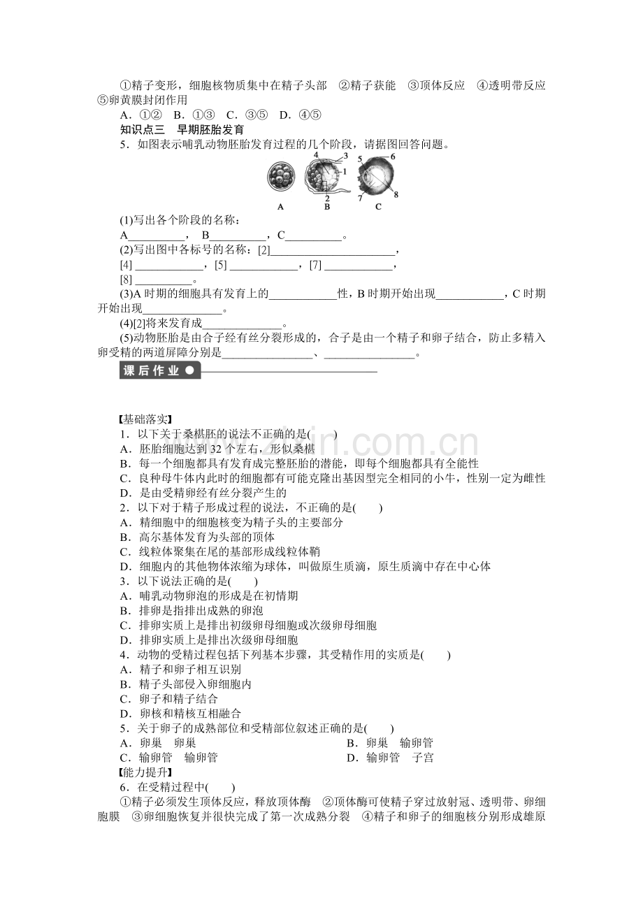 2015-2016学年高二生物人教版选修3课时作业3.1体内受精和早期胚胎发育.doc_第3页