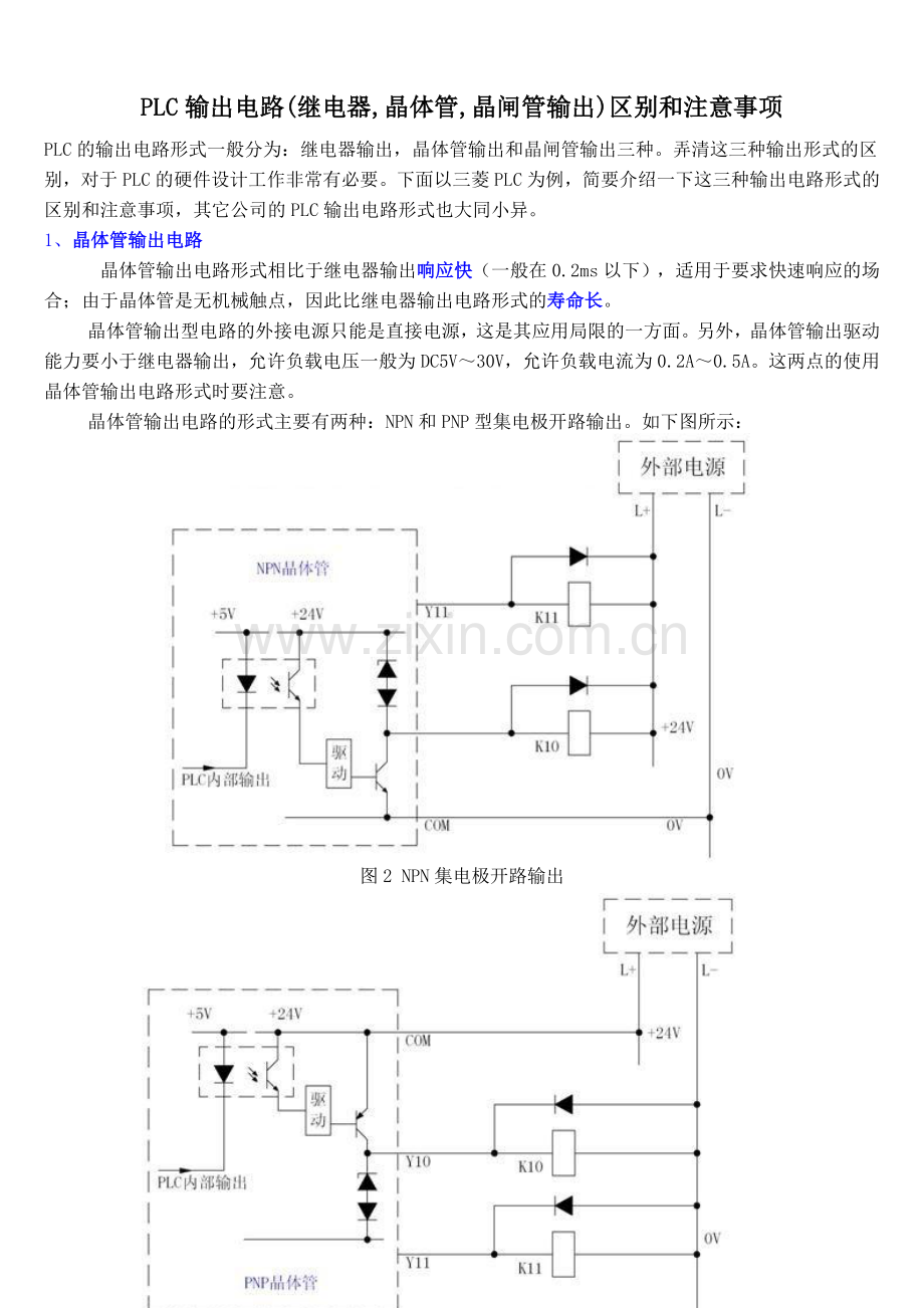 PLC输出电路(继电器-晶体管-晶闸管输出)区别和注意事项.doc_第1页