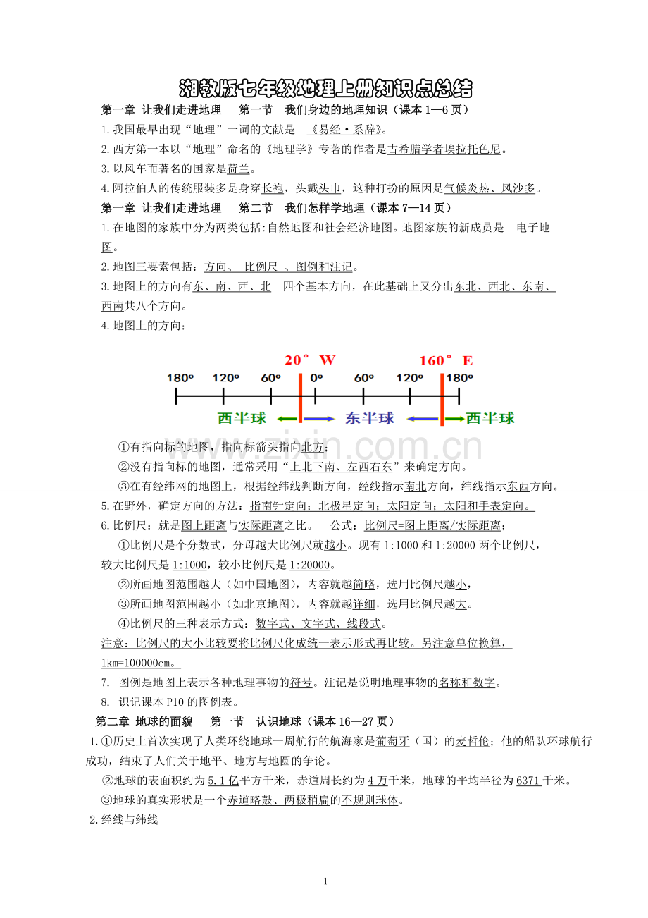 【答案】湘教版七年级地理上册重要知识点总结.doc_第1页