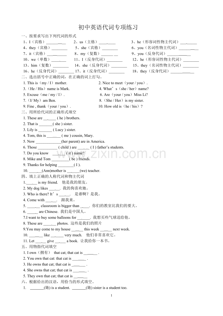 初中英语代词专项练习.doc_第1页