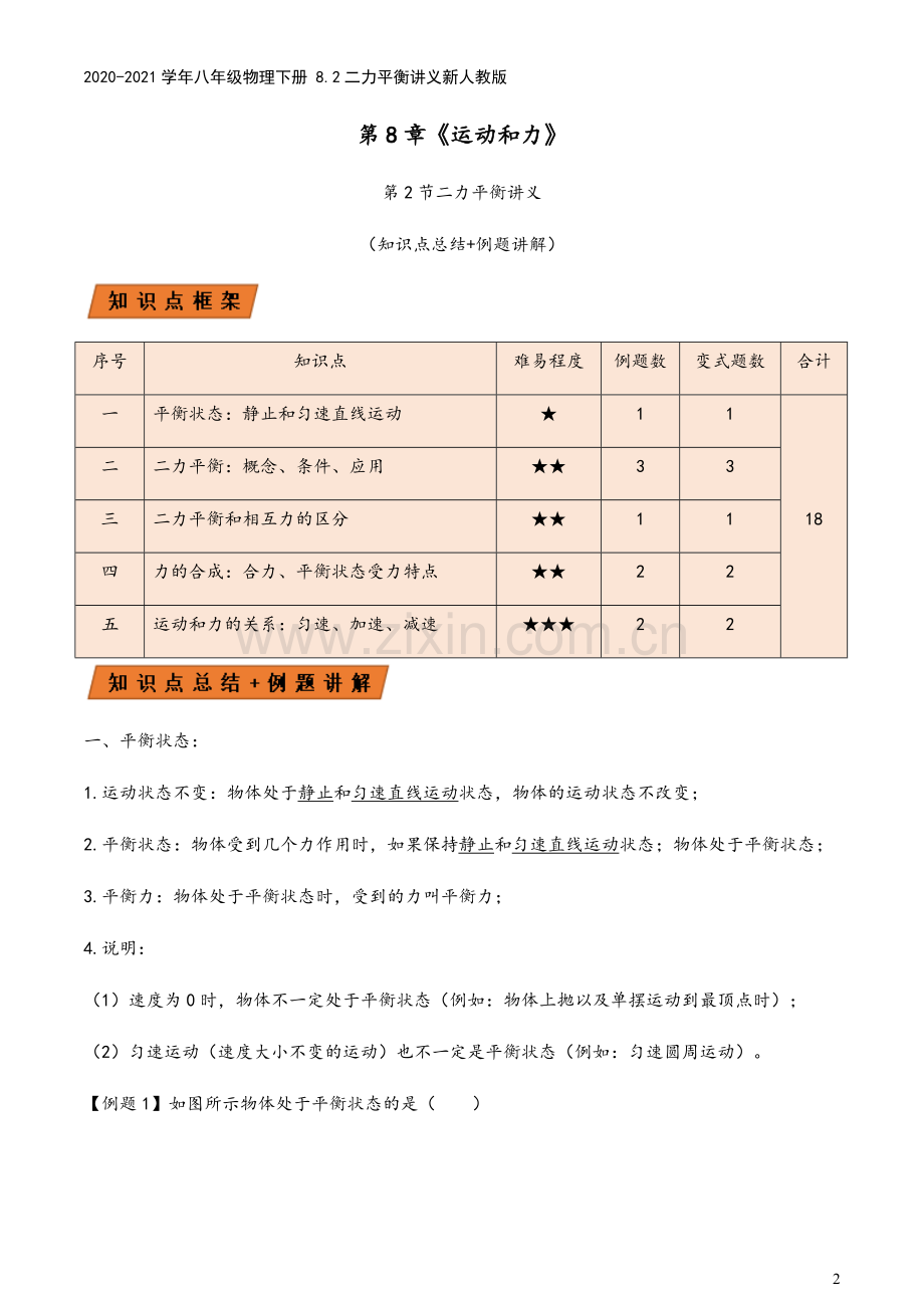 2020-2021学年八年级物理下册-8.2二力平衡讲义新人教版.docx_第2页