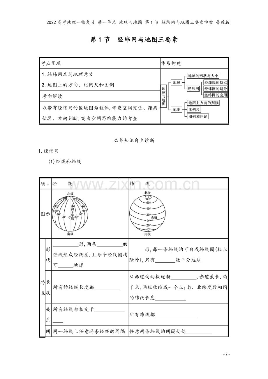 2022高考地理一轮复习-第一单元-地球与地图-第1节-经纬网与地图三要素学案-鲁教版.docx_第2页