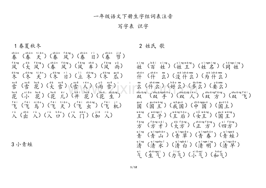 -人教版部编版一年级语文下册生字表.doc_第1页