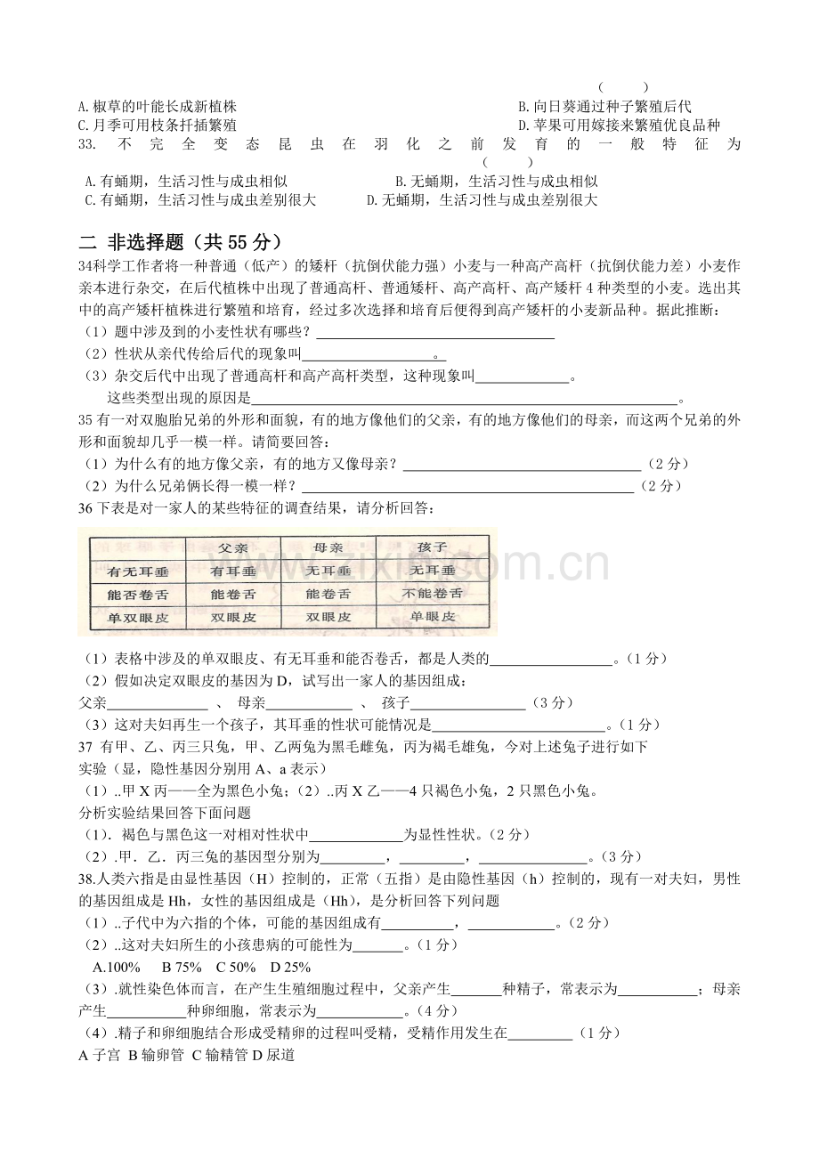 人教版八年级下册生物的遗传和变异测试题.doc_第3页