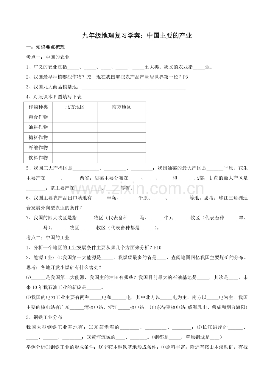 九年级地理复习学案：主要的产业.doc_第1页