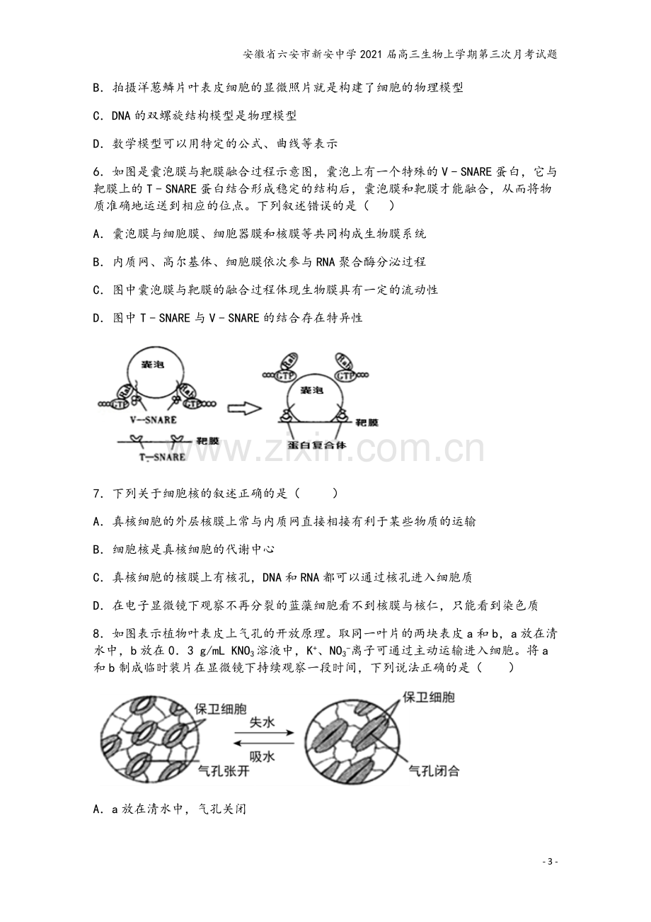 安徽省六安市新安中学2021届高三生物上学期第三次月考试题.doc_第3页