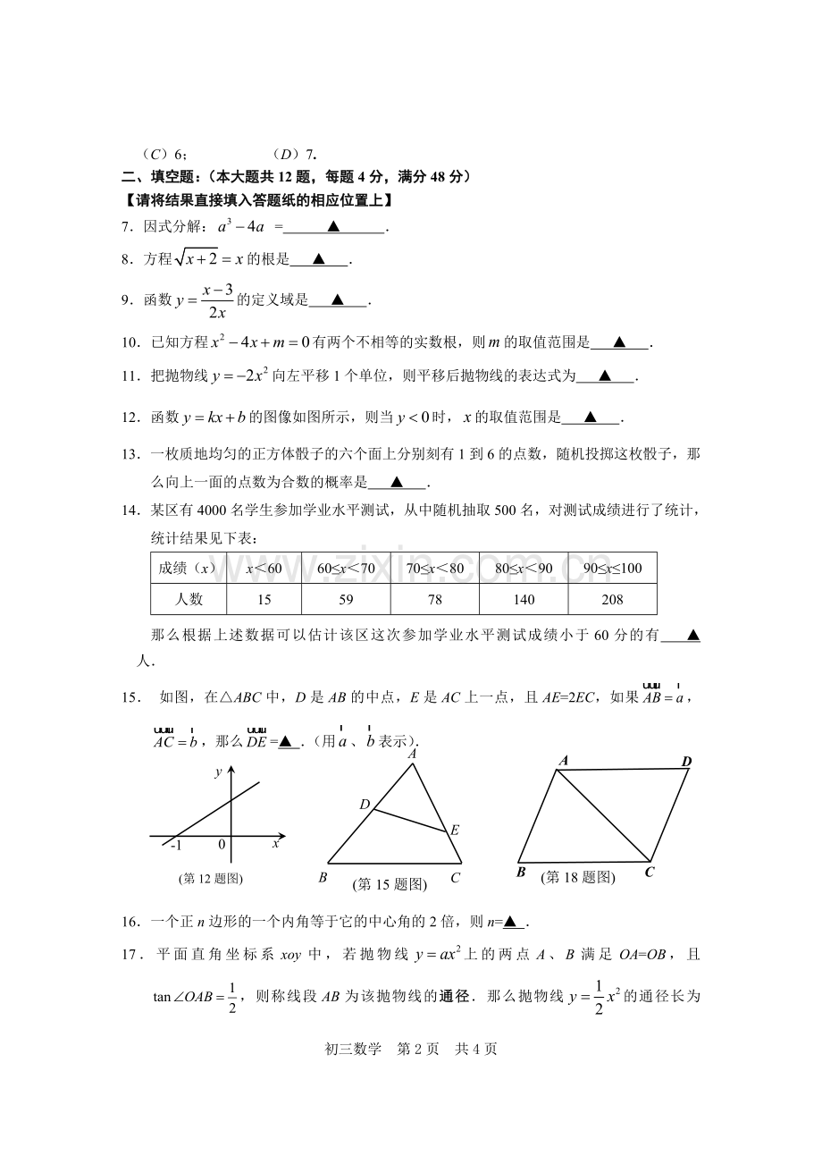 2018年松江区初三数学二模试卷及参考答案.doc_第2页